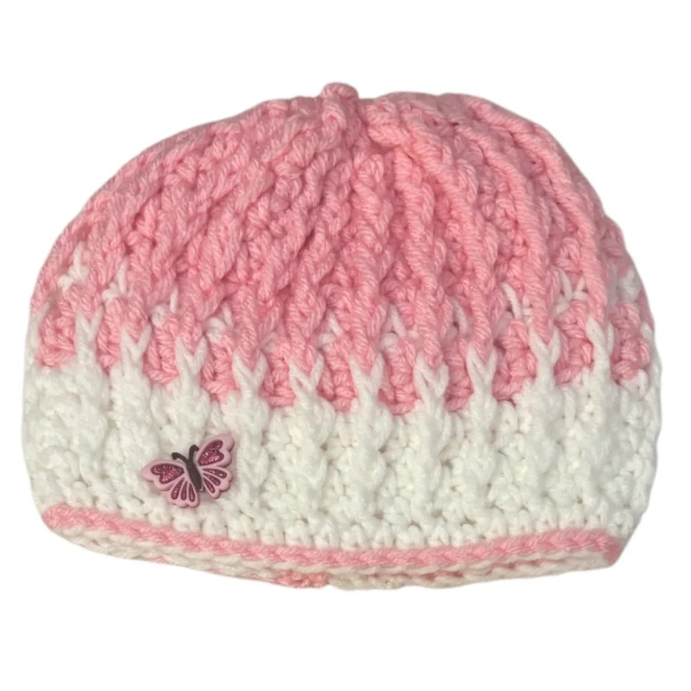 Girl’s Handmade Crochet Beanie Textured Knit Hats Butterfly Glitter Pink Purple